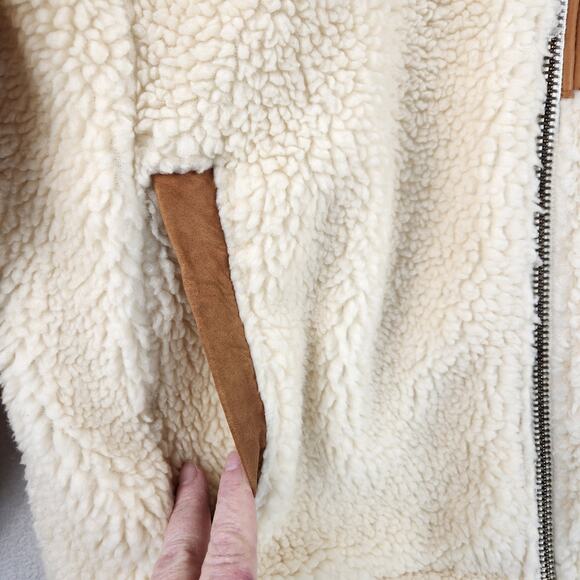 ORVIS STOWE SHERPA Cream FLEECE JACKET Tan LEATHER TRIM! Full Zip Men’s SZ M - Picture 8 of 16